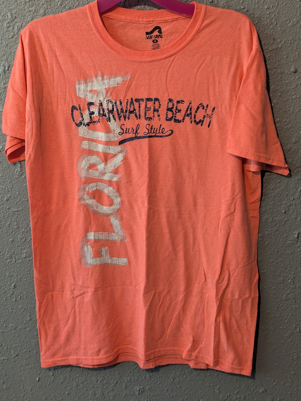 M Surf Style Men's Tee in Coral with White & Navy Graphic